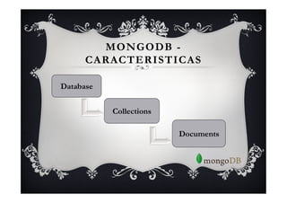 MONGODB -
      CARACTERISTICAS

Database


           Collections

                         Documents
 