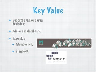 Key Value
Suporte a maior carga
de dados;

Maior escalabilidade;

Exemplos:
  MemCached;

  SimpleDB;
 