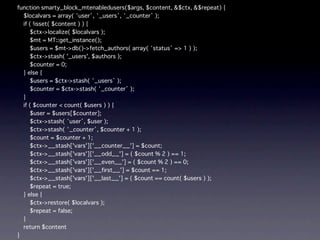 $repeat true2
    $repeat false
      Block
      MTIf
     smarty_block_TAGNAME
stash Stash 2
          Stash Stash
          Stash
 