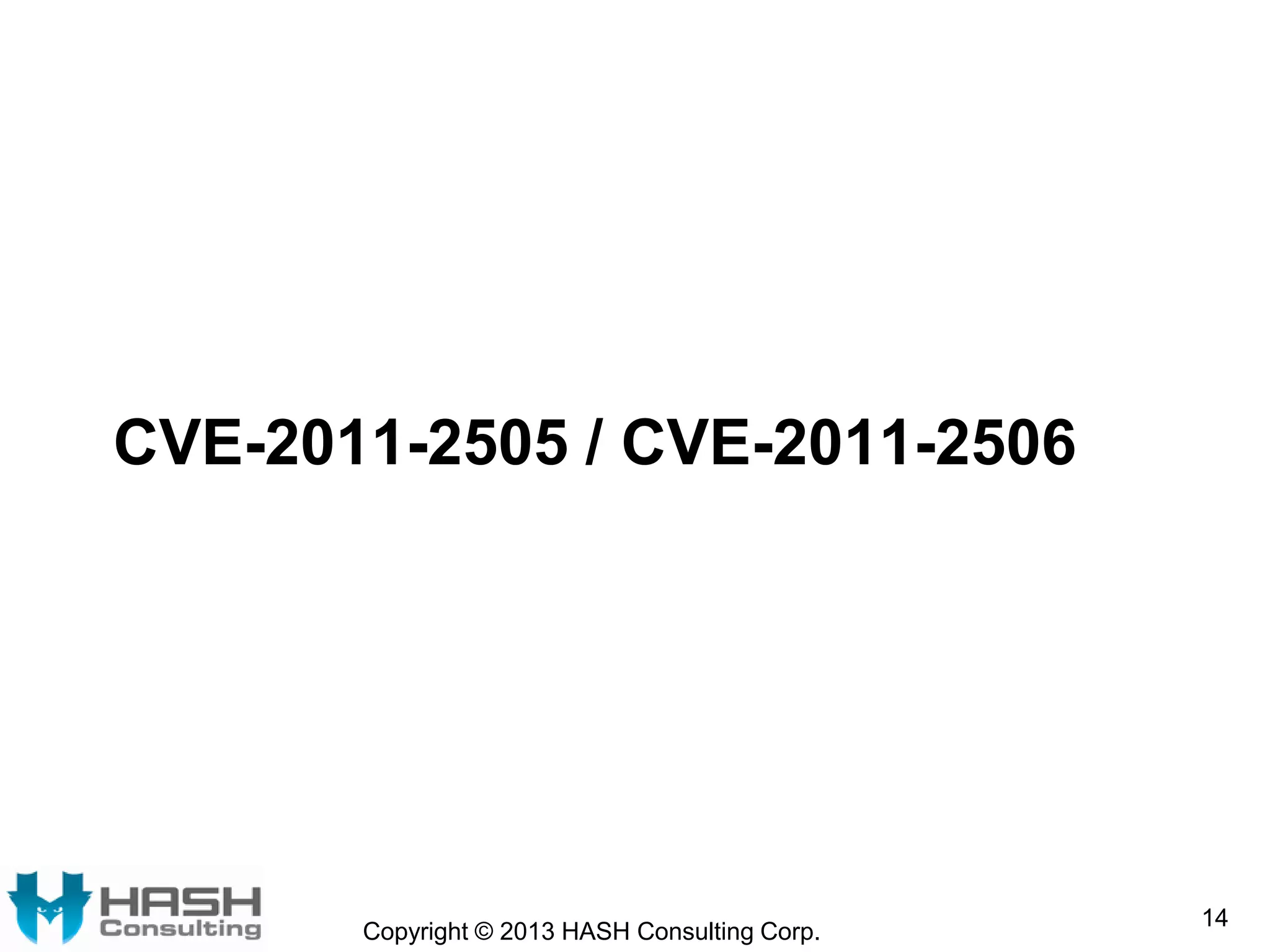 CVE-2011-2505 / CVE-2011-2506
Copyright © 2013 HASH Consulting Corp.
14
 
