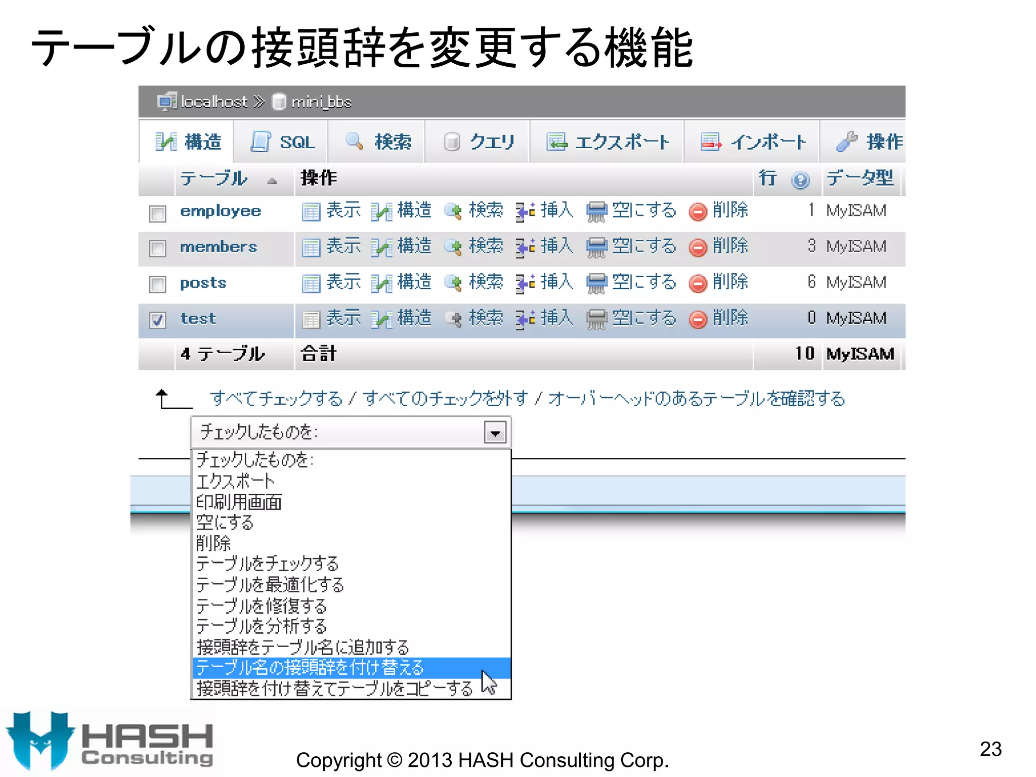 テーブルの接頭辞を変更する機能
Copyright © 2013 HASH Consulting Corp.
23
 