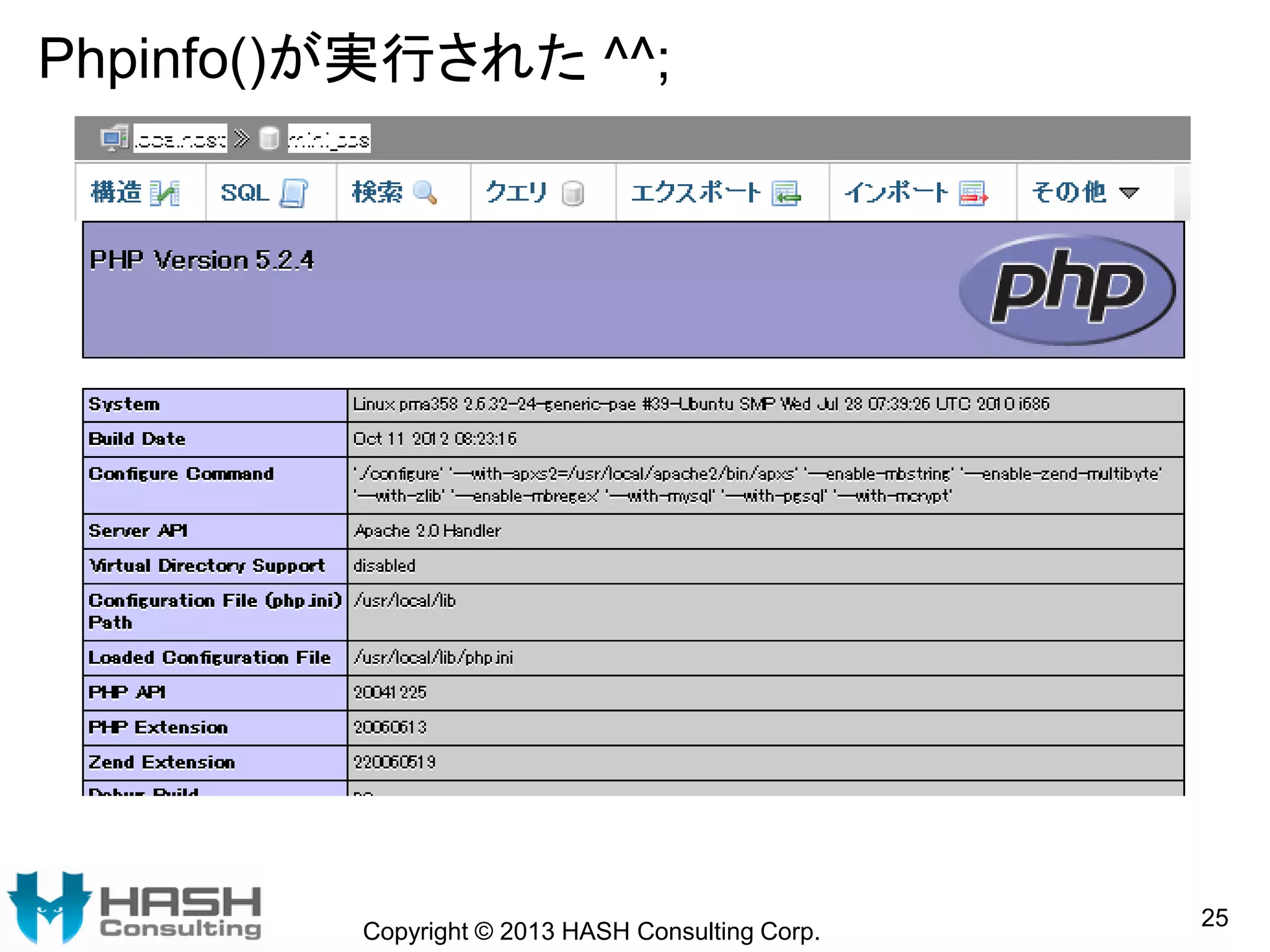 Phpinfo()が実行された ^^;
Copyright © 2013 HASH Consulting Corp.
25
 