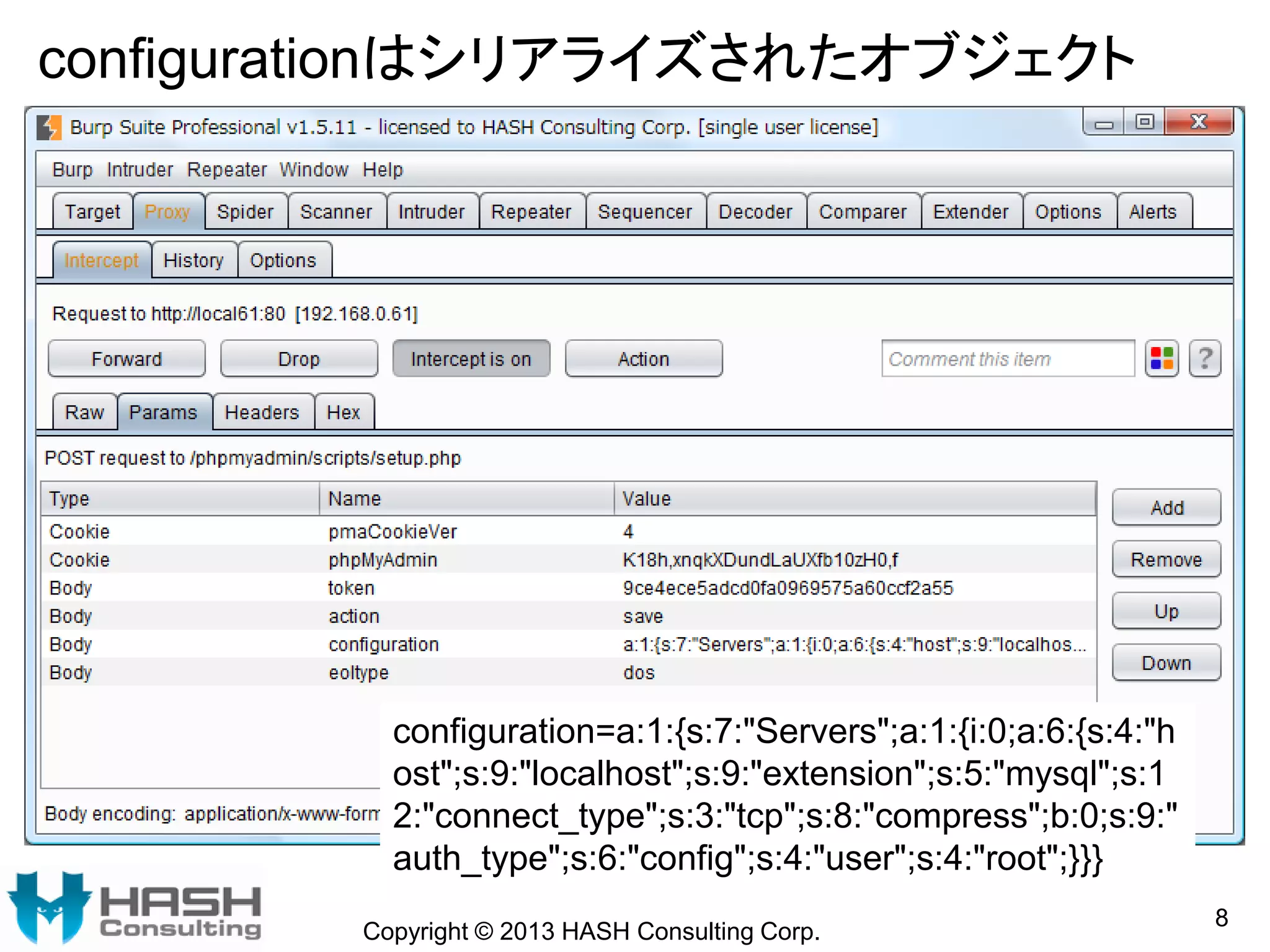 configurationはシリアライズされたオブジェクト
Copyright © 2013 HASH Consulting Corp.
8
configuration=a:1:{s:7:"Servers";a:1:{i:0;a:6:{s:4:"h
ost";s:9:"localhost";s:9:"extension";s:5:"mysql";s:1
2:"connect_type";s:3:"tcp";s:8:"compress";b:0;s:9:"
auth_type";s:6:"config";s:4:"user";s:4:"root";}}}
 