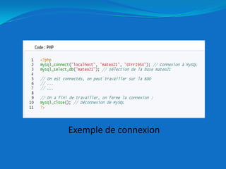 Les avantages du partenariat PHP et MySQLIls sont tous deux gratuitsIls sont tous deux orientés vers le webIls sont faciles à utiliserIls sont rapides. La vitesse a été le principal objectif poursuivi lors de leur conception. Leur mise en commun constitue l’un des meilleurs moyens de transmettre rapidement des pages Web aux utilisateurs.Ils s’entendent bien PHP possède des fonctionnalités natives pour communiquer avec MySQL. Vous n’avez pas besoin de connaître les détails techniques : PHP s’en charge.Il existe une large base installée pour vous assister. Comme ils sont souvent utilisés ensemble, ils partagent la même base d’utilisateurs. Ces derniers ayant l’expérience de ce travail en commun sont à même de vous aider, par exemple au moyen des listes de diffusion.Ils sont configurables. Tous deux sont conçus sur le principe de l’open source, ce qui permet à chaque utilisateur de modifier ¨PHP et MySQL à sa convenance en fonction de besoin particuliers.