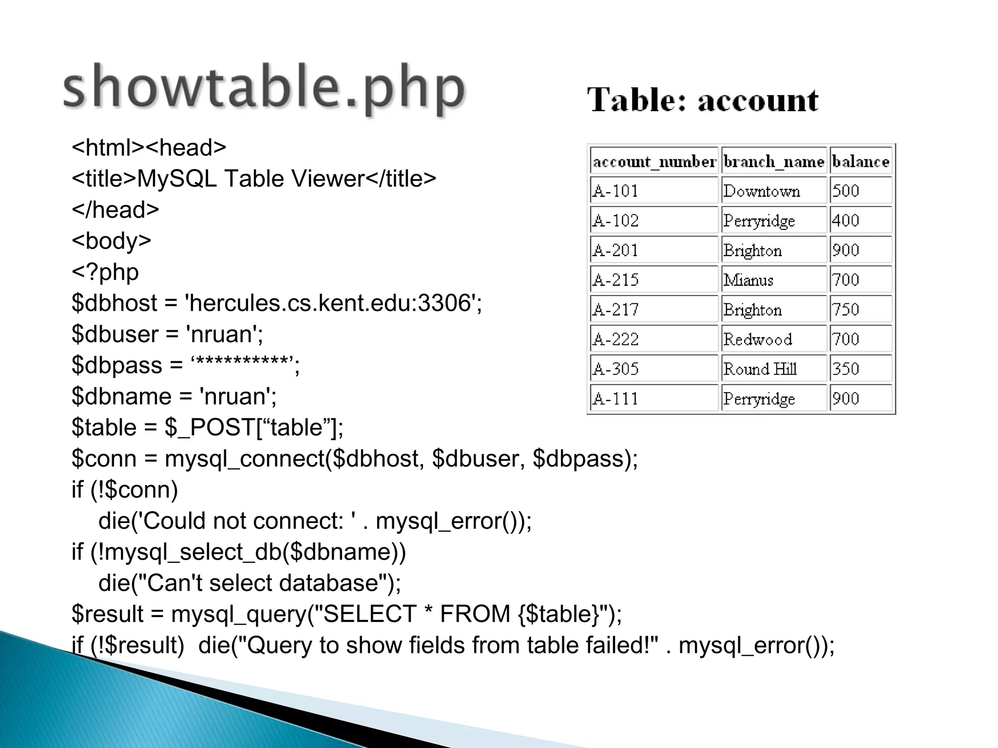 <html><head> <title>MySQL Table Viewer</title> </head> <body> <?php $dbhost = 'hercules.cs.kent.edu:3306'; $dbuser = 'nruan'; $dbpass = ‘**********’; $dbname = 'nruan'; $table = $_POST[“table”]; $conn = mysql_connect($dbhost, $dbuser, $dbpass); if (!$conn) die('Could not connect: ' . mysql_error()); if (!mysql_select_db($dbname)) die("Can't select database"); $result = mysql_query("SELECT * FROM {$table}"); if (!$result) die("Query to show fields from table failed!" . mysql_error()); 