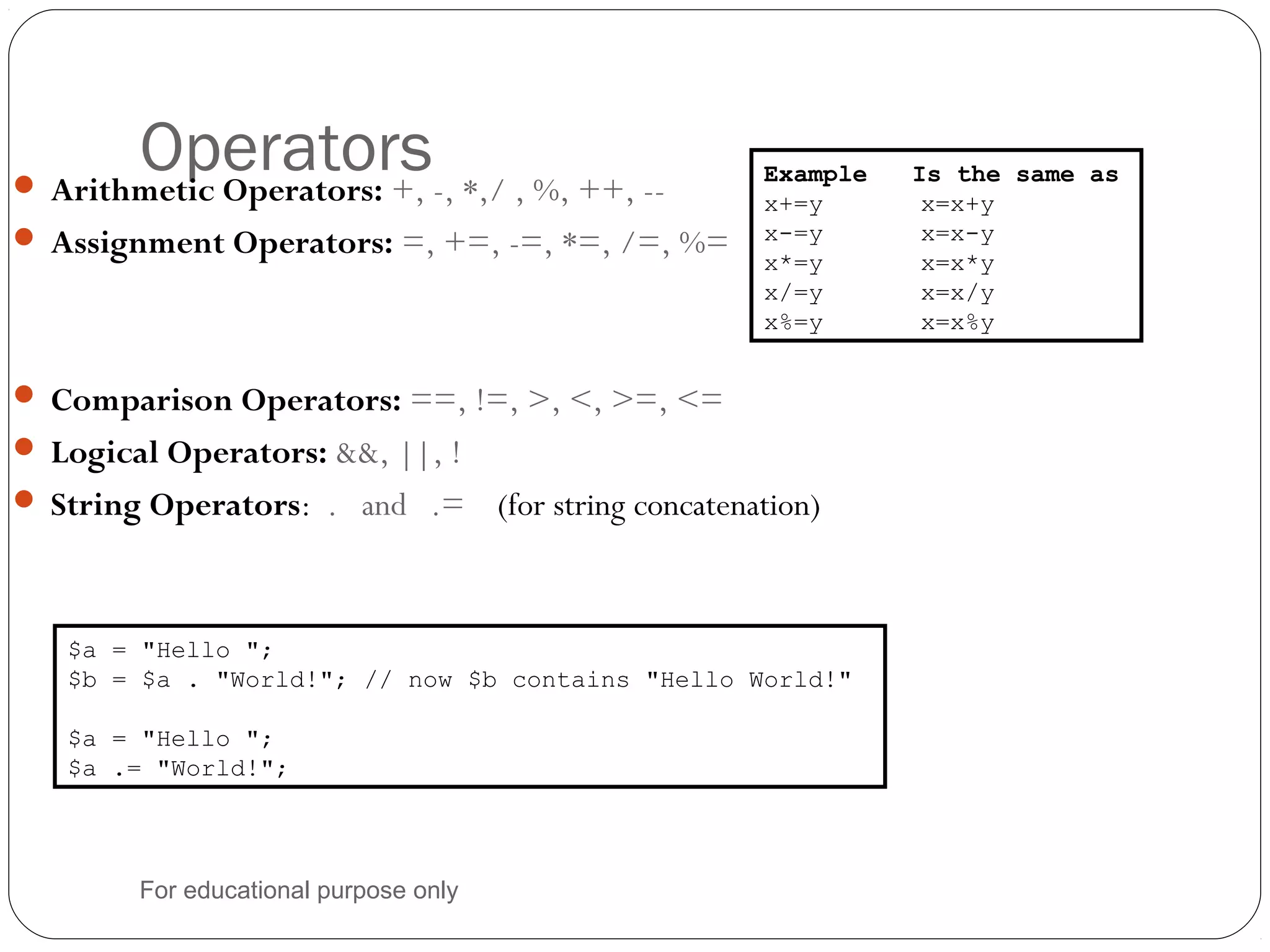Operators Arithmetic Operators: +, -, *,/ , %, ++, --  Assignment Operators: =, +=, -=, *=, /=, %=  Comparison Operators: ==, !=, >, <, >=, <=  Logical Operators: &&, ||, !  String Operators: . and .= (for string concatenation) Example Is the same as x+=y x=x+y x-=y x=x-y x*=y x=x*y x/=y x=x/y x%=y x=x%y $a = "Hello "; $b = $a . "World!"; // now $b contains "Hello World!" $a = "Hello "; $a .= "World!"; For educational purpose only 
