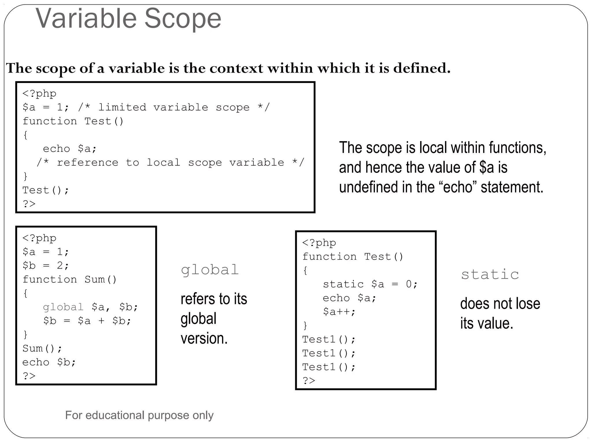 Variable Scope The scope of a variable is the context within which it is defined. <?php $a = 1; /* limited variable scope */ function Test() { echo $a; /* reference to local scope variable */ } Test(); ?> The scope is local within functions, and hence the value of $a is undefined in the “echo” statement. <?php $a = 1; $b = 2; function Sum() { global $a, $b; $b = $a + $b; } Sum(); echo $b; ?> global refers to its global version. <?php function Test() { static $a = 0; echo $a; $a++; } Test1(); Test1(); Test1(); ?> static does not lose its value. For educational purpose only 