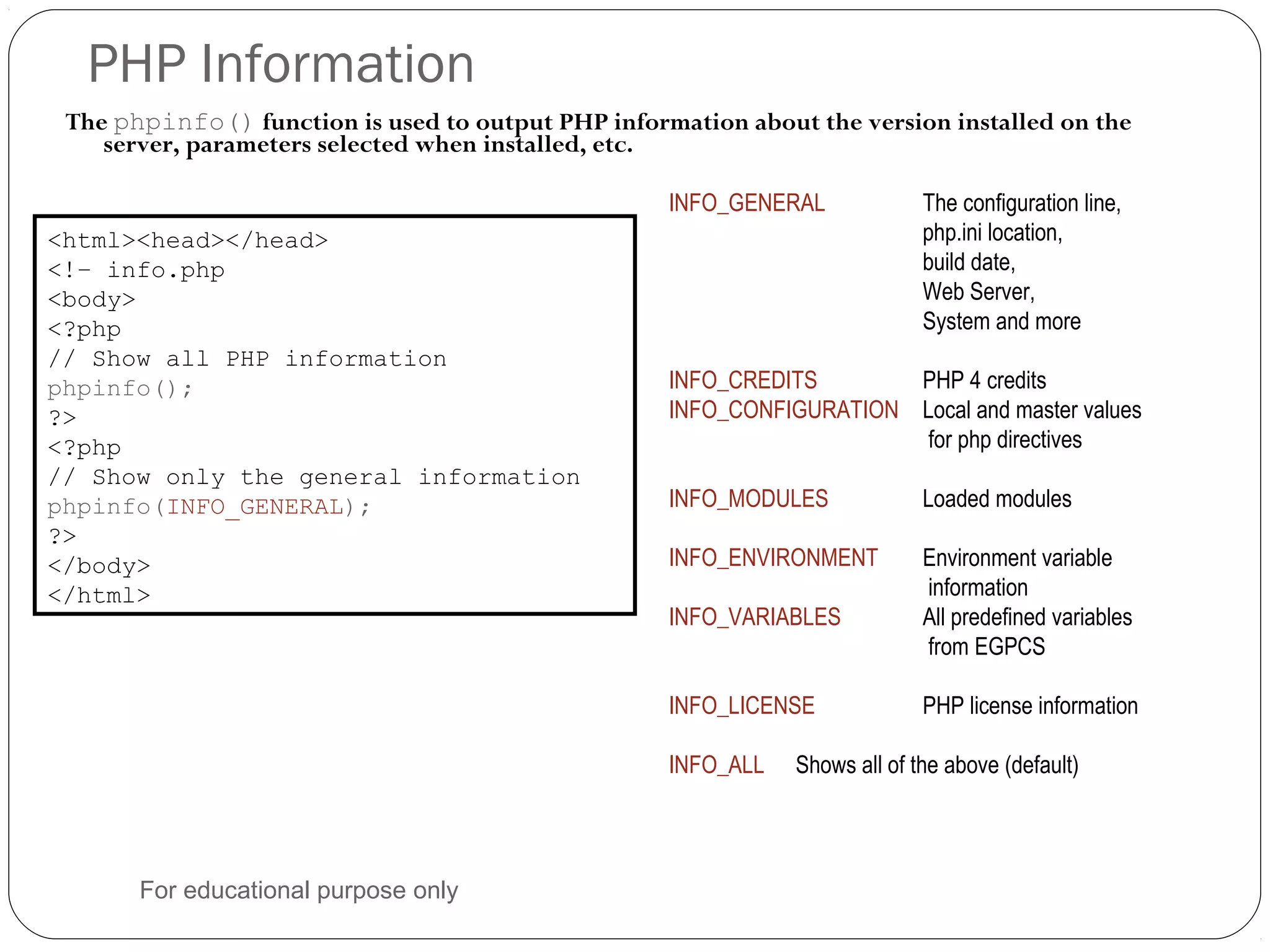 PHP Information The phpinfo() function is used to output PHP information about the version installed on the server, parameters selected when installed, etc. <html><head></head> <!– info.php <body> <?php // Show all PHP information phpinfo(); ?> <?php // Show only the general information phpinfo(INFO_GENERAL); ?> </body> </html> INFO_GENERAL The configuration line, php.ini location, build date, Web Server, System and more INFO_CREDITS PHP 4 credits INFO_CONFIGURATION Local and master values for php directives INFO_MODULES Loaded modules INFO_ENVIRONMENT Environment variable information INFO_VARIABLES All predefined variables from EGPCS INFO_LICENSE PHP license information INFO_ALL Shows all of the above (default) For educational purpose only 