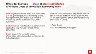 Startups get cloud credits and a 70% discount for
2 years, global exposure via marketing, events,
digital promotion, and media, plus access to
mentorship, capital and Oracle’s 430,000+
customers
Customers meet vetted startups in transformative
spaces that help them stay ahead of their
competition
Oracle stays at the competitive edge
of innovation with solutions that complement its
technology stack
We have saved around 40% of our costs and are
able to reinvest that back into the business. And
we are scaling across EMEA, and that’s basically
all because of Oracle.”
—Asser Smidt
CEO and Cofounder, BotSupply
Oracle for Startups - enroll at oracle.com/startup
A Virtuous Cycle of Innovation, Everybody Wins.
Copyright © 2021, Oracle and/or its affiliates | Confidential: Internal/Restricted/Highly Restricted
60
 