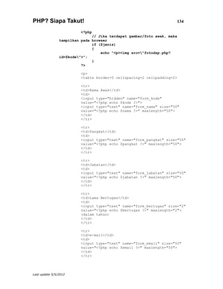 PHP? Siapa Takut!                                                     134

                          <?php
                               // Jika terdapat gambar/foto awak, maka
                tampilkan pada browser
                               if ($jenis)
                               {
                                   echo "<p><img src="fotodsp.php?
                id=$kode">";
                               }
                          ?>

                          <p>
                          <table border=0 cellspacing=2 cellpadding=2>

                          <tr>
                          <td>Nama Awak</td>
                          <td>
                          <input type="hidden" name="form_kode"
                          value="<?php echo $kode ?>">
                          <input type="text" name="form_nama" size="50"
                          value="<?php echo $nama ?>" maxlength="50">
                          </td>
                          </tr>

                          <tr>
                          <td>Pangkat</td>
                          <td>
                          <input type="text" name="form_pangkat" size="50"
                          value="<?php echo $pangkat ?>" maxlength="50">
                          </td>
                          </tr>

                          <tr>
                          <td>Jabatan</td>
                          <td>
                          <input type="text" name="form_jabatan" size="50"
                          value="<?php echo $jabatan ?>" maxlength="50">
                          </td>
                          </tr>

                          <tr>
                          <td>Lama Bertugas</td>
                          <td>
                          <input type="text" name="form_bertugas" size="2"
                          value="<?php echo $bertugas ?>" maxlength="2">
                          (dalam tahun)
                          </td>
                          </tr>

                          <tr>
                          <td>e-mail</td>
                          <td>
                          <input type="text" name="form_email" size="50"
                          value="<?php echo $email ?>" maxlength="50">
                          </td>
                          </tr>




Last update 5/5/2012
 