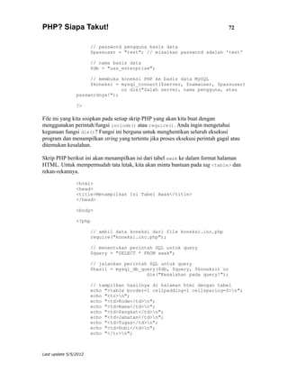 PHP? Siapa Takut!                                                               72


                       // password pengguna basis data
                       $passuser = "test"; // misalkan password adalah 'test'

                       // nama basis data
                       $db = "uss_enterprise";

                     // membuka koneksi PHP ke basis data MySQL
                     $koneksi = mysql_connect($server, $namauser, $passuser)
                                or die("Salah server, nama pengguna, atau
                passwordnya!");

                ?>

File ini yang kita sisipkan pada setiap skrip PHP yang akan kita buat dengan
menggunakan perintah/fungsi include() atau require(). Anda ingin mengetahui
kegunaan fungsi die()? Fungsi ini berguna untuk menghentikan seluruh eksekusi
program dan menampilkan string yang tertentu jika proses eksekusi perintah gagal atau
ditemukan kesalahan.

Skrip PHP berikut ini akan menampilkan isi dari tabel awak ke dalam format halaman
HTML. Untuk mempermudah tata letak, kita akan minta bantuan pada tag <table> dan
rekan-rekannya.

                <html>
                <head>
                <title>Menampilkan Isi Tabel Awak</title>
                </head>

                <body>

                <?php

                       // ambil data koneksi dari file koneksi.inc.php
                       require("koneksi.inc.php");

                       // menentukan perintah SQL untuk query
                       $query = "SELECT * FROM awak";

                       // jalankan perintah SQL untuk query
                       $hasil = mysql_db_query($db, $query, $koneksi) or
                                           die("Kesalahan pada query!");

                       // tampilkan hasilnya di halaman html dengan tabel
                       echo "<table border=1 cellpadding=1 cellspacing=0>n";
                       echo "<tr>n";
                       echo "<td>Kode</td>n";
                       echo "<td>Nama</td>n";
                       echo "<td>Pangkat</td>n";
                       echo "<td>Jabatan</td>n";
                       echo "<td>Tugas</td>n";
                       echo "<td>Hobi</td>n";
                       echo "</tr>n";



Last update 5/5/2012
 