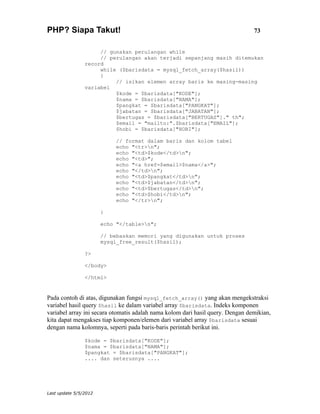 PHP? Siapa Takut!                                                               73


                     // gunakan perulangan while
                     // perulangan akan terjadi sepanjang masih ditemukan
                record
                     while ($barisdata = mysql_fetch_array($hasil))
                     {
                          // isikan elemen array baris ke masing-masing
                variabel
                          $kode = $barisdata["KODE"];
                          $nama = $barisdata["NAMA"];
                          $pangkat = $barisdata["PANGKAT"];
                          $jabatan = $barisdata["JABATAN"];
                          $bertugas = $barisdata["BERTUGAS"]." th";
                          $email = "mailto:".$barisdata["EMAIL"];
                          $hobi = $barisdata["HOBI"];

                            // format dalam baris dan kolom tabel
                            echo "<tr>n";
                            echo "<td>$kode</td>n";
                            echo "<td>";
                            echo "<a href=$email>$nama</a>";
                            echo "</td>n";
                            echo "<td>$pangkat</td>n";
                            echo "<td>$jabatan</td>n";
                            echo "<td>$bertugas</td>n";
                            echo "<td>$hobi</td>n";
                            echo "</tr>n";

                       }

                       echo "</table>n";

                       // bebaskan memori yang digunakan untuk proses
                       mysql_free_result($hasil);

                ?>

                </body>

                </html>


Pada contoh di atas, digunakan fungsi mysql_fetch_array() yang akan mengekstraksi
variabel hasil query $hasil ke dalam variabel array $barisdata. Indeks komponen
variabel array ini secara otomatis adalah nama kolom dari hasil query. Dengan demikian,
kita dapat mengakses tiap komponen/elemen dari variabel array $barisdata sesuai
dengan nama kolomnya, seperti pada baris-baris perintah berikut ini.

                $kode = $barisdata["KODE"];
                $nama = $barisdata["NAMA"];
                $pangkat = $barisdata["PANGKAT"];
                .... dan seterusnya ....




Last update 5/5/2012
 