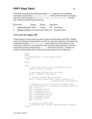 PHP? Siapa Takut!                                                              74

Perulangan yang digunakan adalah perulangan while yang akan terus melakukan
perulangan sampai fungsi mysql_fetch_array() tidak memberikan hasil atau dengan
kata lain sampai pernyataan $barisdata = mysql_fetch_array($hasil) bernilai
false. Berikut ini adalah hasil skrip di atas.

Kode Nama             Pangkat   Jabatan       Tugas Hobi
1    Jean Luc Piccard Captain   Captain       5 th Archeology
2    William T. Riker Commander First Officer 5 th Holodeck Game

Cara Lain Ada Nggak, Sih?

Jangan khawatir, karena begitu banyaknya fungsi yang disediakan pada PHP, mungkin
suatu saat Anda akan bingung dalam memilih cara yang akan digunakan. Kita dapat juga
menggunakan fungsi mysql_fetch_row() untuk maksud yang sama dengan di atas,
hanya saja variabel array yang dihasilkan akan berindeks angka sederhana, mulai dari 0
untuk kolom pertama sampai dengan (n - 1) untuk kolom terakhir (n). Berikut ini
adalah contoh penerapan untuk maksud yang sama dengan skrip di sebelumnya.

                <html>
                <head>
                <title>Menampilkan Isi Tabel Awak</title>
                </head>

                <body>

                <?php
                       // ambil data koneksi dari file koneksi.inc.php
                       require("koneksi.inc.php");

                       // menentukan perintah SQL untuk query
                       $query = "SELECT * FROM awak";

                       // jalankan perintah SQL untuk query
                       $hasil = mysql_db_query($db, $query, $koneksi) or
                                                die("Kesalahan pada query!");

                       // tampilkan hasilnya di halaman html dengan tabel
                       echo "<table border=1 cellpadding=1 cellspacing=0>n";
                       echo "<tr>n";
                       echo "<td>Kode</td>n";
                       echo "<td>Nama</td>n";
                       echo "<td>Pangkat</td>n";
                       echo "<td>Jabatan</td>n";
                       echo "<td>Tugas</td>n";
                       echo "<td>Hobi</td>n";
                       echo "</tr>n";

                     // gunakan perulangan while
                     // perulangan akan terjadi sepanjang masih ditemukan
                record



Last update 5/5/2012
 