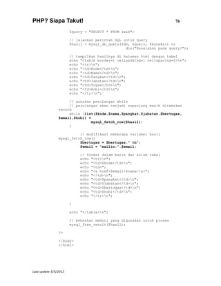 PHP? Siapa Takut!                                                       76

                       $query = "SELECT * FROM awak";

                       // jalankan perintah SQL untuk query
                       $hasil = mysql_db_query($db, $query, $koneksi) or
                                                 die("Kesalahan pada query!");

                       // tampilkan hasilnya di halaman html dengan tabel
                       echo "<table border=1 cellpadding=1 cellspacing=0>n";
                       echo "<tr>n";
                       echo "<td>Kode</td>n";
                       echo "<td>Nama</td>n";
                       echo "<td>Pangkat</td>n";
                       echo "<td>Jabatan</td>n";
                       echo "<td>Tugas</td>n";
                       echo "<td>Hobi</td>n";
                       echo "</tr>n";

                     // gunakan perulangan while
                     // perulangan akan terjadi sepanjang masih ditemukan
                record
                     while (list($kode,$nama,$pangkat,$jabatan,$bertugas,
                $email,$hobi) =
                                mysql_fetch_row($hasil))
                     {

                          // modifikasi beberapa variabel hasil
                mysql_fetch_row()
                          $bertugas = $bertugas." th";
                          $email = "mailto:".$email;

                            // format dalam baris dan kolom tabel
                            echo "<tr>n";
                            echo "<td>$kode</td>n";
                            echo "<td>";
                            echo "<a href=$email>$nama</a>";
                            echo "</td>n";
                            echo "<td>$pangkat</td>n";
                            echo "<td>$jabatan</td>n";
                            echo "<td>$bertugas</td>n";
                            echo "<td>$hobi</td>n";
                            echo "</tr>n";

                       }

                       echo "</table>n";

                       // bebaskan memori yang digunakan untuk proses
                       mysql_free_result($hasil);

                ?>

                </body>
                </html>




Last update 5/5/2012
 