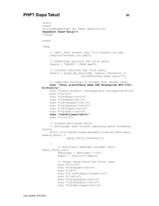 PHP? Siapa Takut!                                                        85

                <html>
                <head>
                <title>Menampilkan Isi Tabel Awak</title>
                <basefont face="Arial">
                </head>

                <body>

                <?php

                       // ambil data koneksi dari file koneksi.inc.php
                       require("koneksi.inc.php");

                       // menentukan perintah SQL untuk query
                       $query = "SELECT * FROM awak";

                       // jalankan perintah SQL untuk query
                       $hasil = mysql_db_query($db, $query, $koneksi) or
                                           die("Kesalahan pada query!");

                     // tampilkan hasilnya di halaman html dengan tabel
                     echo "<font size=5>Data Awak USS Enterprise NCC-1701-
                D</font>n";
                     echo "<table border=1 cellpadding=1 cellspacing=0>n";
                     echo "<tr>n";
                     echo "<td>Kode</td>n";
                     echo "<td>Nama</td>n";
                     echo "<td>Pangkat</td>n";
                     echo "<td>Jabatan</td>n";
                     echo "<td>Tugas</td>n";
                     echo "<td>Hobi</td>n";
                     echo "<td>Pilihan</td>n";
                     echo "</tr>n";

                     // gunakan perulangan while
                     // perulangan akan terjadi sepanjang masih ditemukan
                record
                     while (list($kode,$nama,$pangkat,$jabatan,$bertugas,
                $email,$hobi) =
                                mysql_fetch_row($hasil))

                       {
                          // modifikasi beberapa variabel hasil
                mysql_fetch_row()
                          $bertugas = $bertugas." th";
                          $email = "mailto:".$email;

                            // format dalam baris dan kolom tabel
                            echo "<tr>n";
                            echo "<td>$kode</td>n";
                            echo "<td>";
                            echo "<a href=$email>$nama</a>";
                            echo "</td>n";
                            echo "<td>$pangkat</td>n";
                            echo "<td>$jabatan</td>n";
                            echo "<td>$bertugas</td>n";


Last update 5/5/2012
 