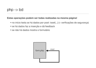 php -> bd

Estas operações podem ser todas realizadas na mesma página!
  • no início testa se há dados por post: isset(...) (+ veriﬁcações de segurança)
  • se há dados faz a inserção e dá feedback
  • se não há dados mostra o formulário




                                          POST
                           form.php
 