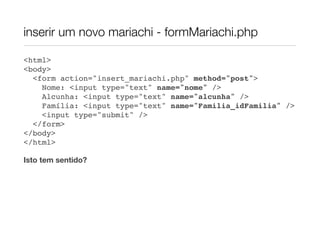 inserir um novo mariachi - formMariachi.php

<html>
<body>
  <form action="insert_mariachi.php" method="post">
    Nome: <input type="text" name="nome" />
    Alcunha: <input type="text" name="alcunha" />
    Família: <input type="text" name="Familia_idFamilia" />
    <input type="submit" />
  </form>
</body>
</html>

Isto tem sentido?
 