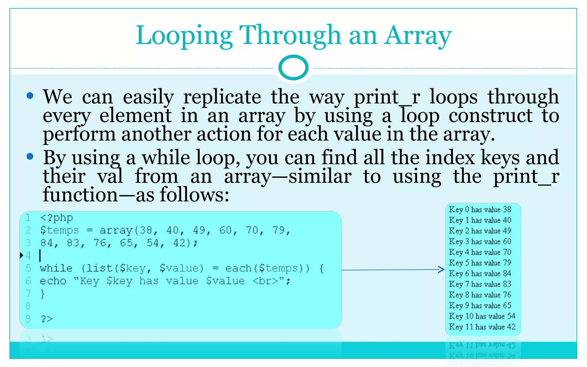 Looping Through an Array We can easily replicate the way print_r loops through every element in an array by using a loop construct to perform another action for each value in the array. By using a while loop, you can find all the index keys and their val from an array—similar to using the print_r function—as follows: 