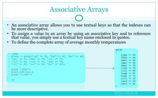 Associative Arrays An associative array allows you to use textual keys so that the indexes can be more descriptive. To assign a value to an array by using an associative key and to reference that value, you simply use a textual key name enclosed in quotes. To define the complete array of average monthly temperatures 