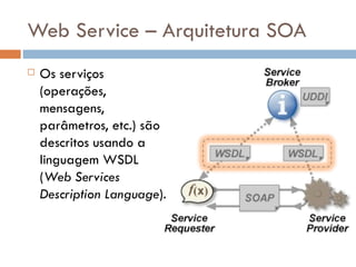 Web Service – Arquitetura SOA Os serviços (operações, mensagens, parâmetros, etc.) são descritos usando a linguagem WSDL ( Web Services Description Language ).  