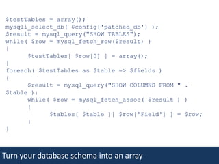 $testTables = array();mysqli_select_db( $config['patched_db'] );$result = mysql_query("SHOW TABLES");while( $row = mysql_fetch_row($result) ) {	$testTables[ $row[0] ] = array();}foreach( $testTables as $table => $fields ){	$result = mysql_query("SHOW COLUMNS FROM " . $table );	while( $row = mysql_fetch_assoc( $result ) ) 	{		$tables[ $table ][ $row['Field'] ] = $row;	}}Turn your database schema into an array
