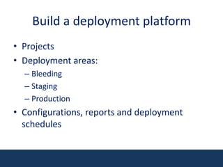 Build a deployment platformProjectsDeployment areas:BleedingStagingProductionConfigurations, reports and deployment schedules