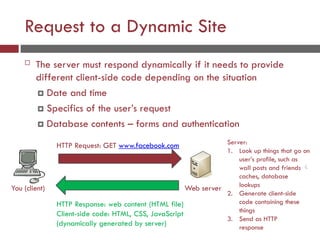 Request to a Dynamic Site
 The server must respond dynamically if it needs to provide
different client-side code depending on the situation
 Date and time
 Specifics of the user’s request
 Database contents – forms and authentication
You (client) Web server
HTTP Request: GET www.facebook.com
HTTP Response: web content (HTML file)
Client-side code: HTML, CSS, JavaScript
(dynamically generated by server)
Server:
1. Look up things that go on
user’s profile, such as
wall posts and friends 
caches, database
lookups
2. Generate client-side
code containing these
things
3. Send as HTTP
response
 