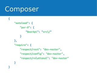 Composer
{
"autoload": {
"psr-0": {
"BeerApi": "src/"
}
},
"require": {
"respect/rest": "dev-master",
"respect/config": "dev-master",
"respect/relational": "dev-master"
}
}

 