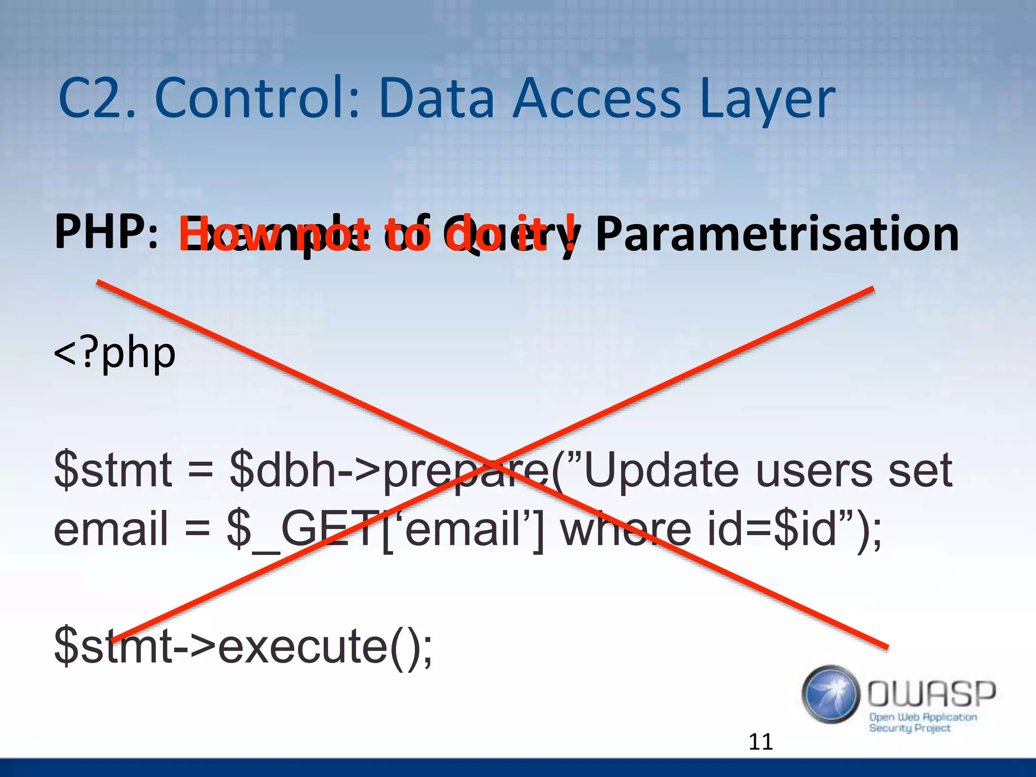 PHP:
<?php
$stmt = $dbh->prepare(”Update users set
email = $_GET[‘email’] where id=$id”);
$stmt->execute();
Example of Query Parametrisation
C2. Control: Data Access Layer
11
How not to do it !
 