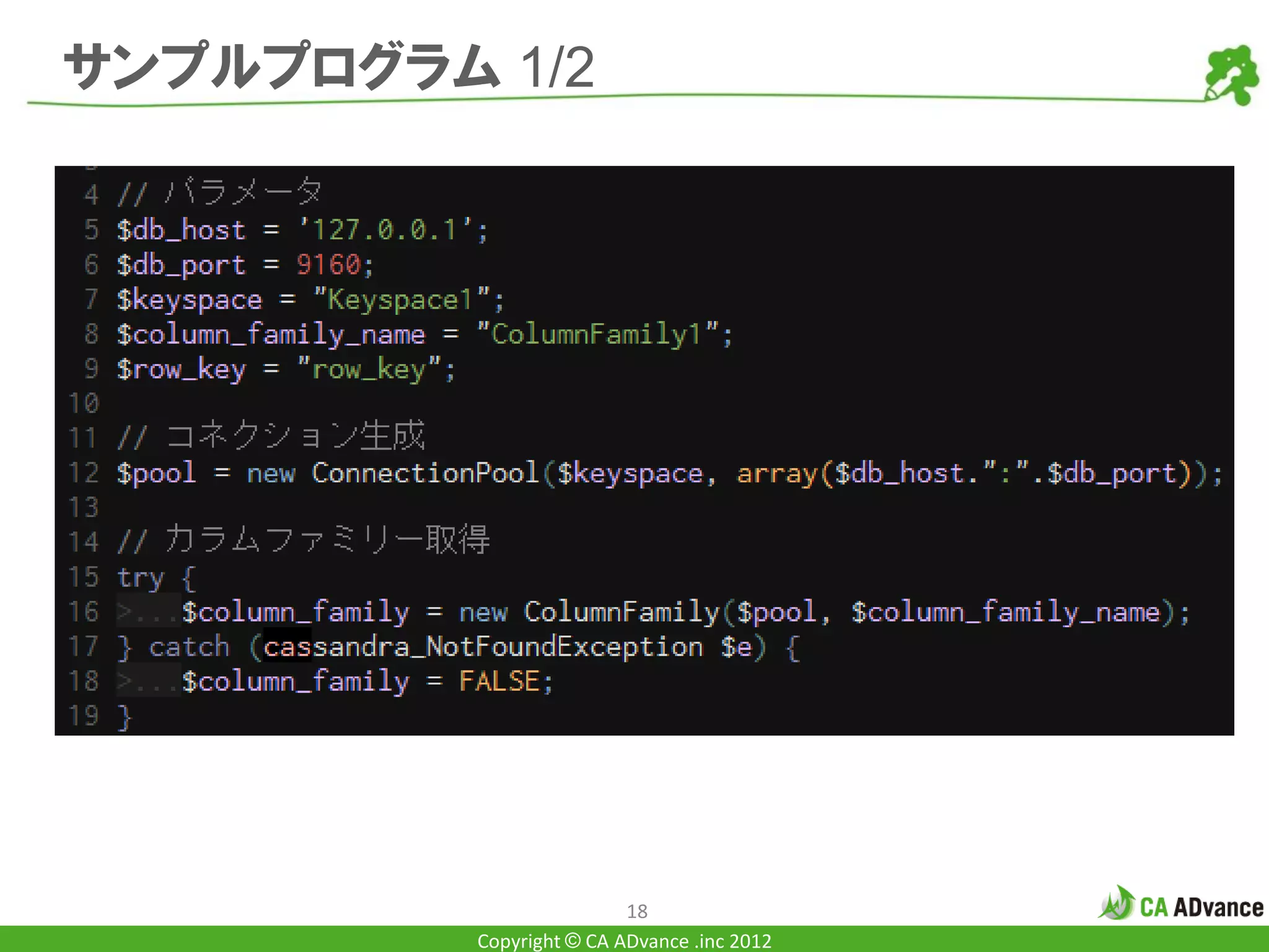 サンプルプログラム 1/2




                          18
          Copyright © CA ADvance .inc 2012
 
