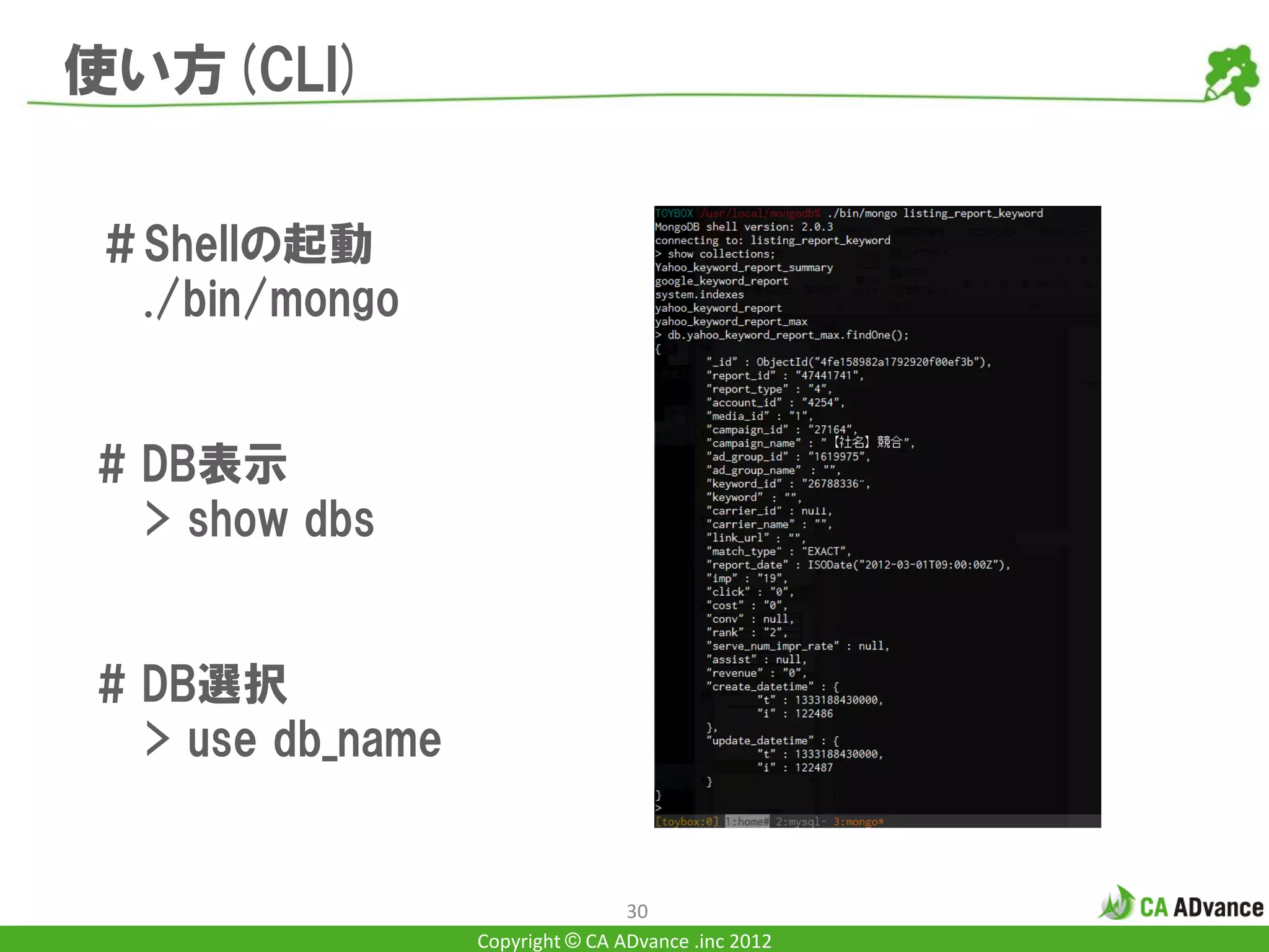 使い方(CLI)


＃Shellの起動
 ./bin/mongo


# DB表示
  > show dbs


# DB選択
  > use db_name


                                  30
                  Copyright © CA ADvance .inc 2012
 