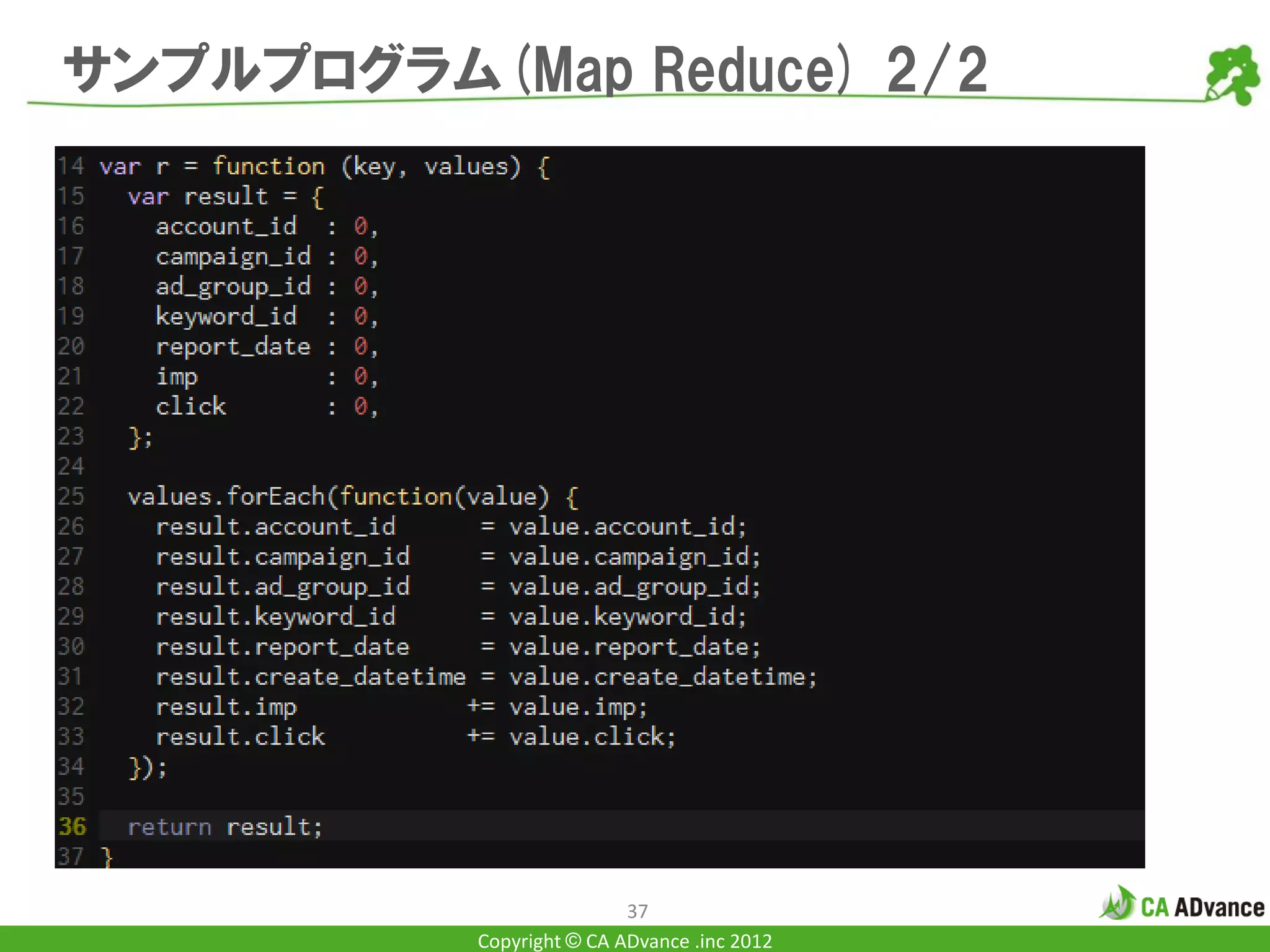 サンプルプログラム(Map Reduce) 2/2




                           37
           Copyright © CA ADvance .inc 2012
 