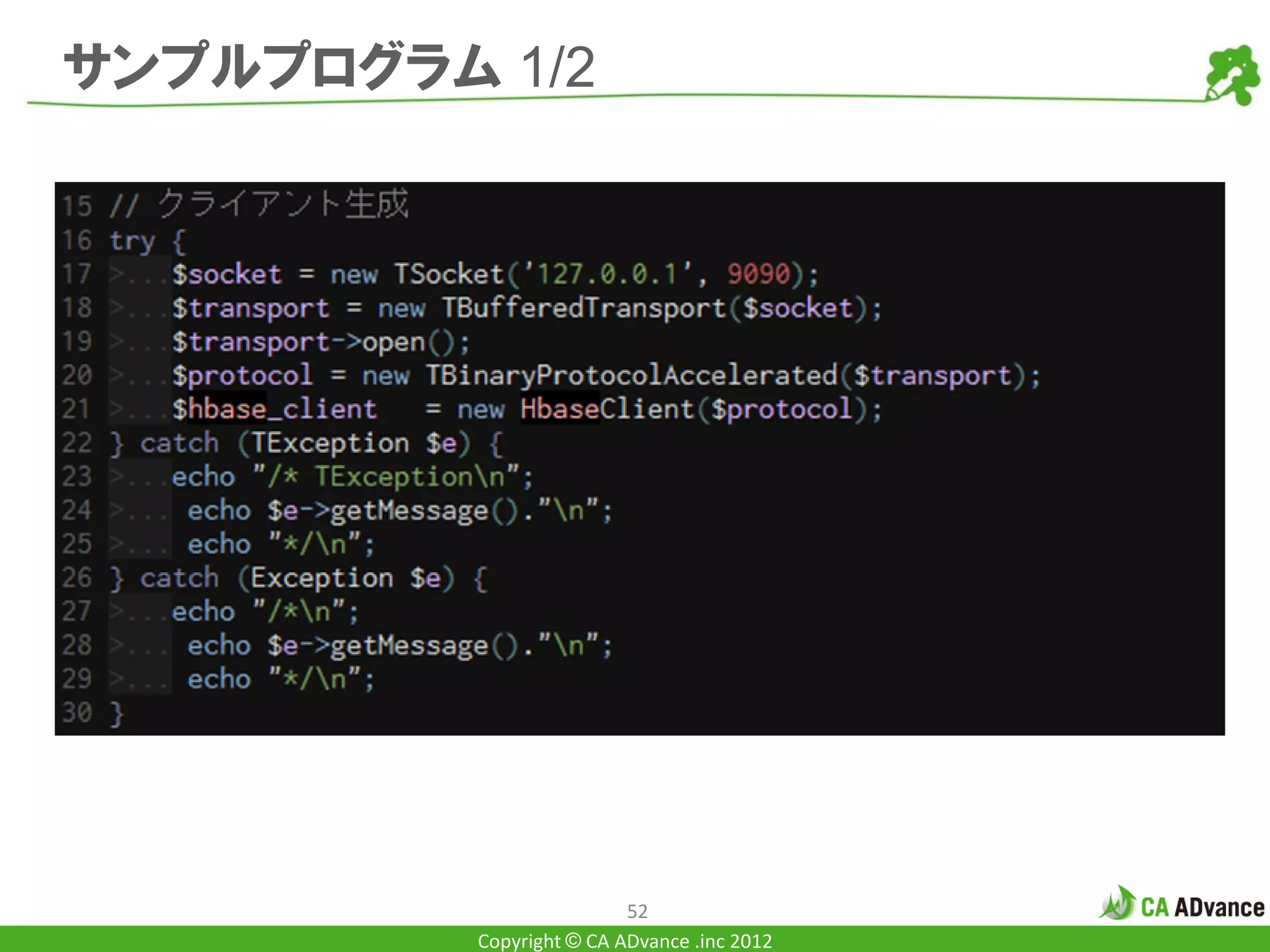 サンプルプログラム 1/2




                          52
          Copyright © CA ADvance .inc 2012
 