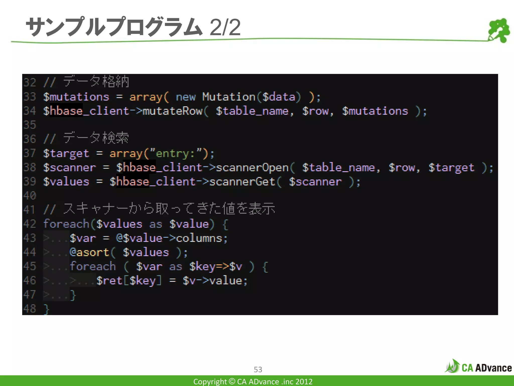 サンプルプログラム 2/2




                          53
          Copyright © CA ADvance .inc 2012
 