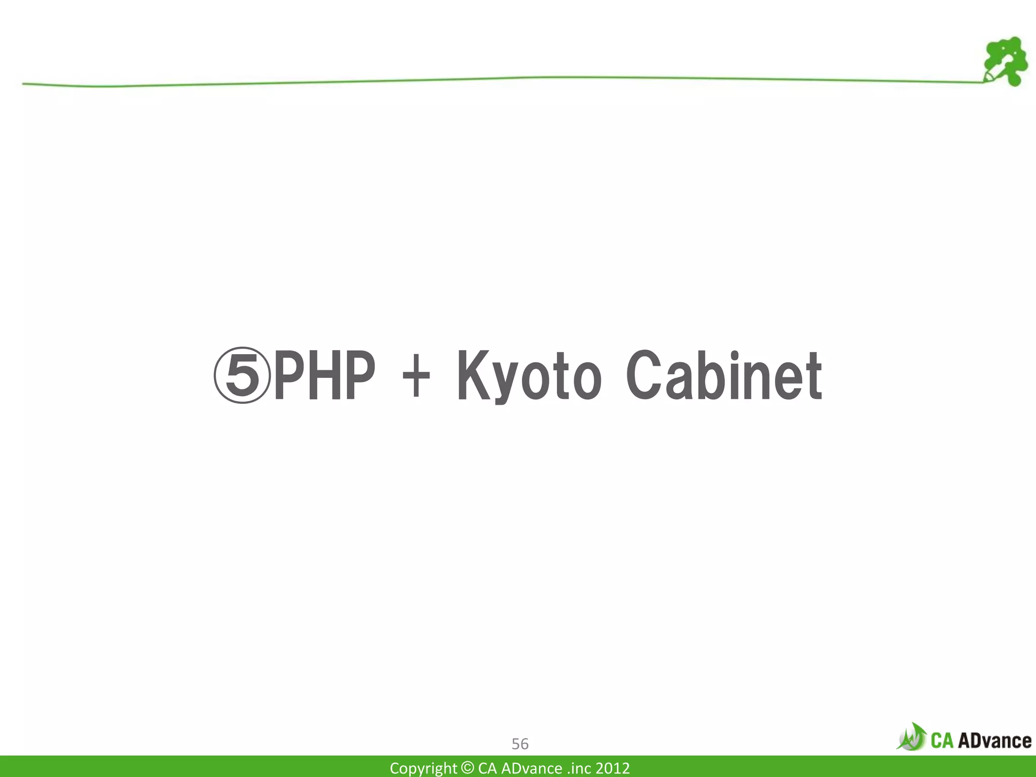 ⑤PHP + Kyoto Cabinet




                     56
     Copyright © CA ADvance .inc 2012
 