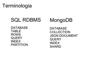 Terminologia SQL RDBMS DATABASE TABLE ROWS QUERY INDEX PARTITION MongoDB     DATABASE COLLECTION JSON DOCUMENT QUERY INDEX SHARD 