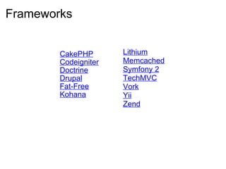 Frameworks CakePHP Codeigniter Doctrine Drupal Fat-Free Kohana Lithium Memcached Symfony 2 TechMVC Vork Yii Zend 