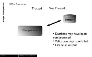 XSS – Trust zones Trusted Not Trusted Database Database may have been compromised Validation may have failed Escape all output Web application 