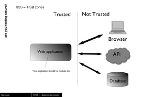 XSS – Trust zones Trusted Not Trusted API Database Your application should be modular too Web application Browser 