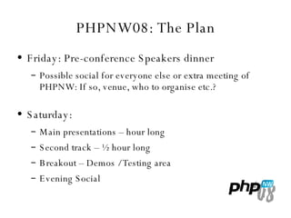 PHPNW08: The Plan Friday: Pre-conference Speakers dinner Possible social for everyone else or extra meeting of PHPNW: If so, venue, who to organise etc.? Saturday: Main presentations – hour long Second track – ½ hour long Breakout – Demos / Testing area Evening Social 