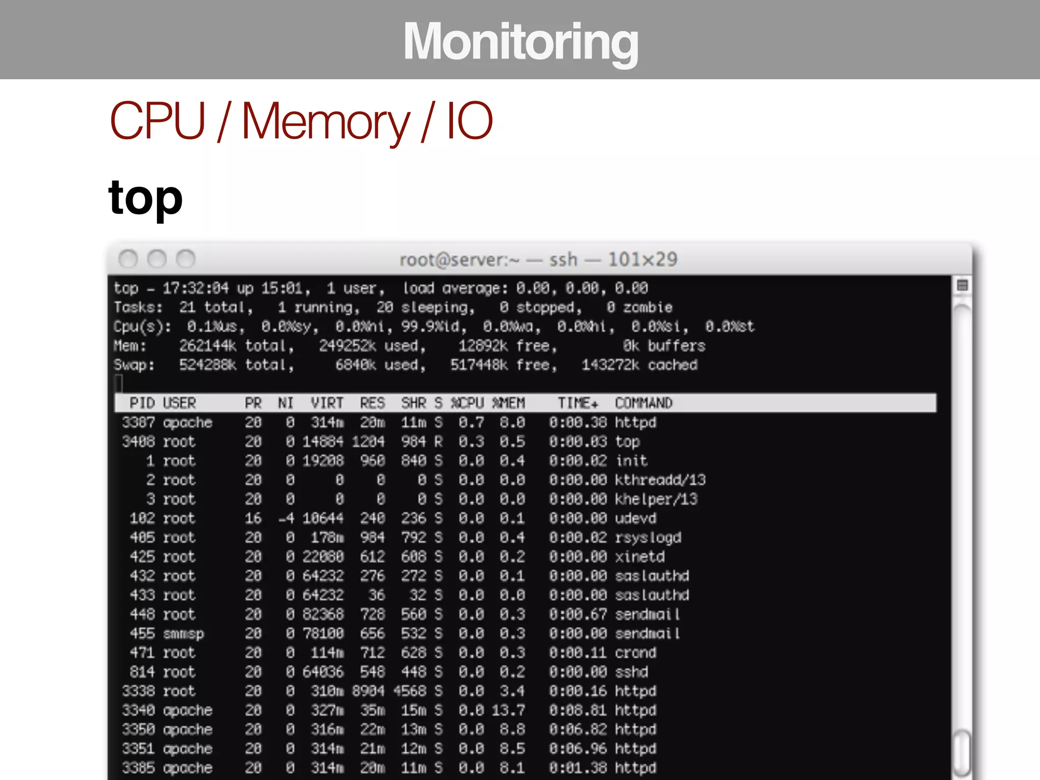 Monitoring 
CPU / Memory / IO 
top 
 