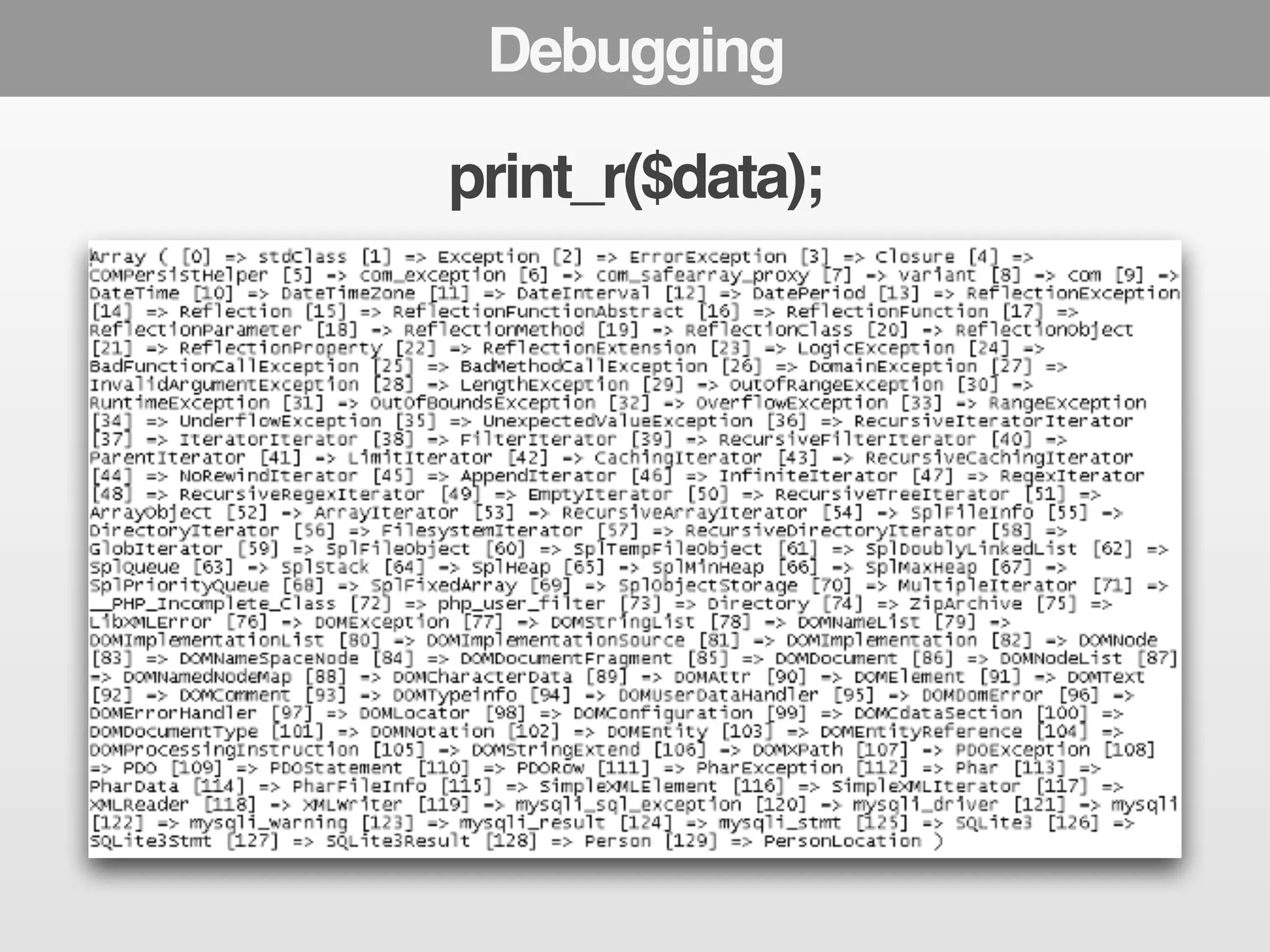 Debugging 
print_r($data); 
 