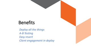 Deploy all the things
A-B Testing
Easy revert
Client engagement in deploy
Benefits
 