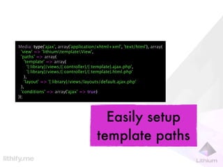 Media::type('ajax', array('application/xhtml+xml', 'text/html'), array(
  'view' => 'lithiumtemplateView',
  'paths' => array(
    'template' => array(
      '{:library}/views/{:controller}/{:template}.ajax.php',
      '{:library}/views/{:controller}/{:template}.html.php'
    ),
    'layout' => '{:library}/views/layouts/default.ajax.php'
  ),
  'conditions' => array('ajax' => true)
));




                                        Easily setup
                                      template paths
 