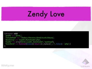 Zendy Love

Libraryies::add(
  'preﬁx' => 'Zend_',
  'includePath' => '/htdocs/libraries/Zend/trunk/library',
  'bootstrap' => 'Loader/Autoloader.php',
  'loader' => array('Zend_Loader_Autoloader', 'autoload'),
  'transform' => function($class) { return str_replace('_', '/', $class) . '.php'; }
);
 