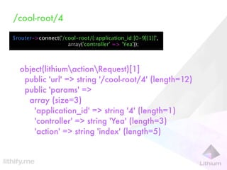 /cool-root/4

$router->connect('/cool-root/{:application_id:[0-9]{1}}',
                    array('controller' => 'Yea'));



  object(lithiumactionRequest)[1]
   public 'url' => string '/cool-root/4' (length=12)
   public 'params' =>
    array (size=3)
      'application_id' => string '4' (length=1)
      'controller' => string 'Yea' (length=3)
      'action' => string 'index' (length=5)
 