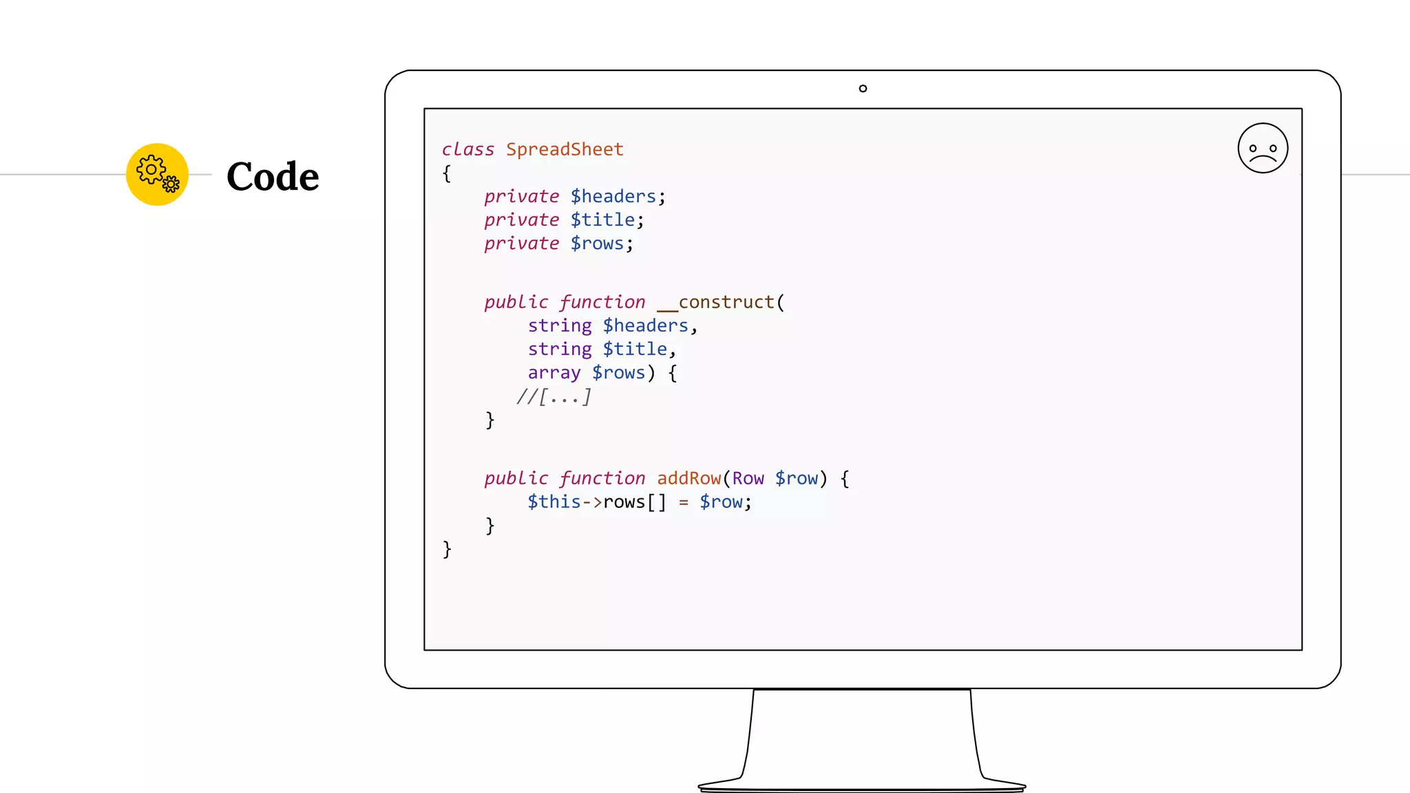 Code class SpreadSheet { private $headers; private $title; private $rows; public function __construct( string $headers, string $title, array $rows) { //[...] } public function addRow(Row $row) { $this->rows[] = $row; } } 