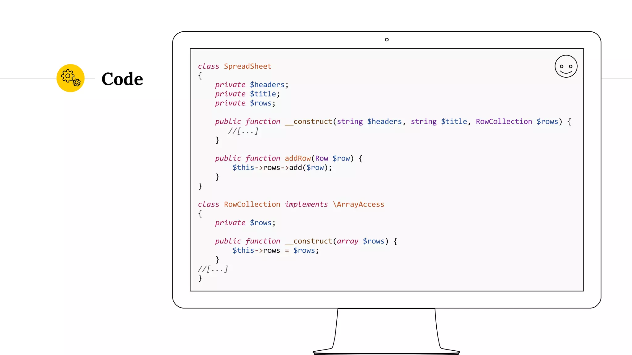 Code class SpreadSheet { private $headers; private $title; private $rows; public function __construct(string $headers, string $title, RowCollection $rows) { //[...] } public function addRow(Row $row) { $this->rows->add($row); } } class RowCollection implements ArrayAccess { private $rows; public function __construct(array $rows) { $this->rows = $rows; } //[...] } 