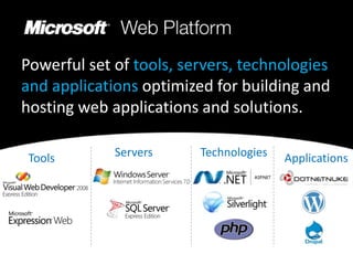 Powerful set of tools, servers, technologies and applications optimized for building and hosting web applications and solutions. ServersTechnologiesToolsApplications