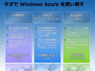 タダで Windows Azure を使い倒す

  初期特別             MSDN         BizSpark
  プラン           サブスクリプション       への加入

 誰でも使えるお試        MSDN購読特典で     スタートゕップ企業
 しプラン            Azureが実質1゗ン   なら、マ゗クロソフ
                 スタンス使い放題      トの支援プログラム
 クレジットカード        （8ヶ月間）        に加入できる
 の登録は必要
                 会社でMSDN購読し    加入するともれなく
 やろうと思えば         ていて誰もAzure    MSDNがついてくる。
 Live IDをたくさん    使っていなければ      すなわちAzure利用
 用意して…           手を回してゲット      権付き


 25時間/月まで       750時間/月まで        MSDNが
    0円              0円          ついてくる


                                             44
 